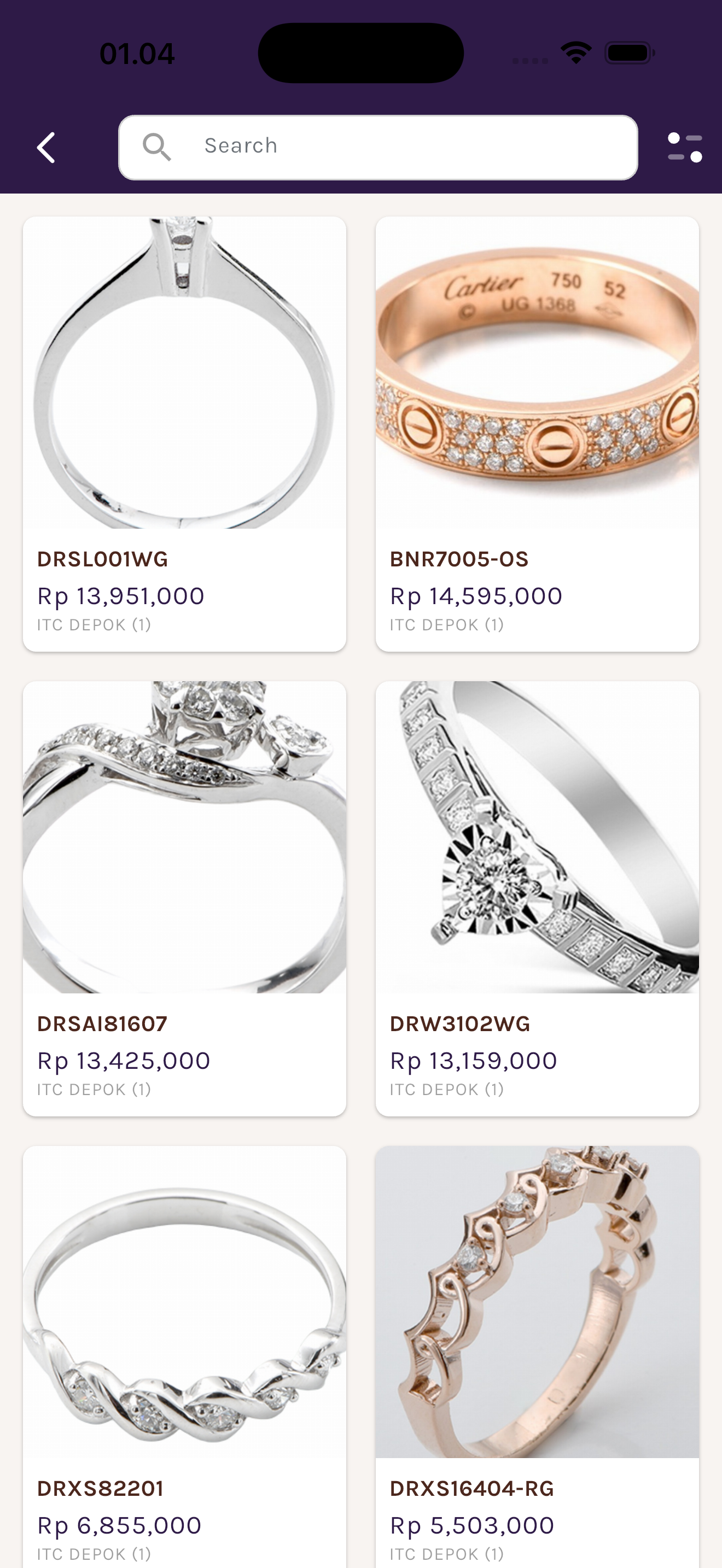 Daftar produk di aplikasi Agung Jaya: enam cincin berlian dengan foto asli, kode barang, harga dalam rupiah, dan nama cabang tempat barang berada
