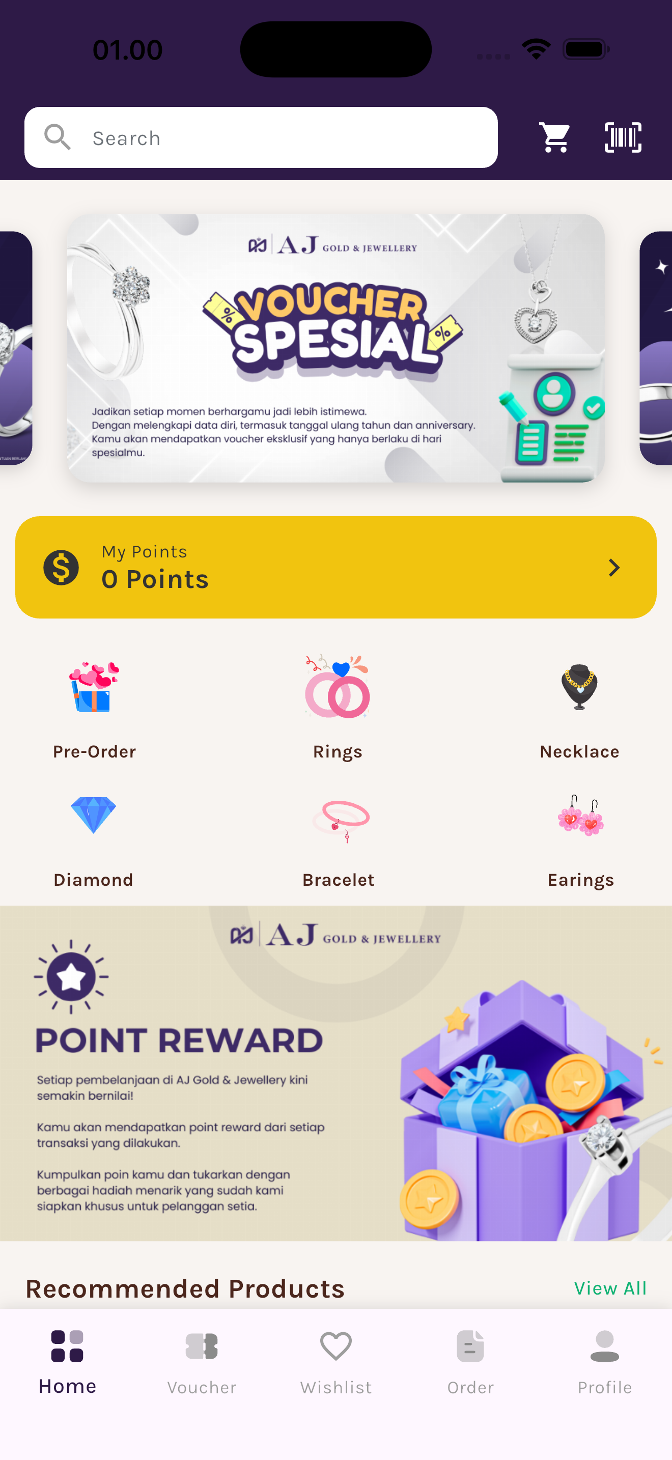 Beranda aplikasi Agung Jaya: kolom pencarian, banner voucher spesial, saldo poin, enam kategori perhiasan, dan banner point reward